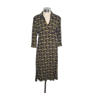 J. McLaughlin Black & Gold Horse Bit Pattern Jersey Knit 3/4 Sleeve Dress Size S